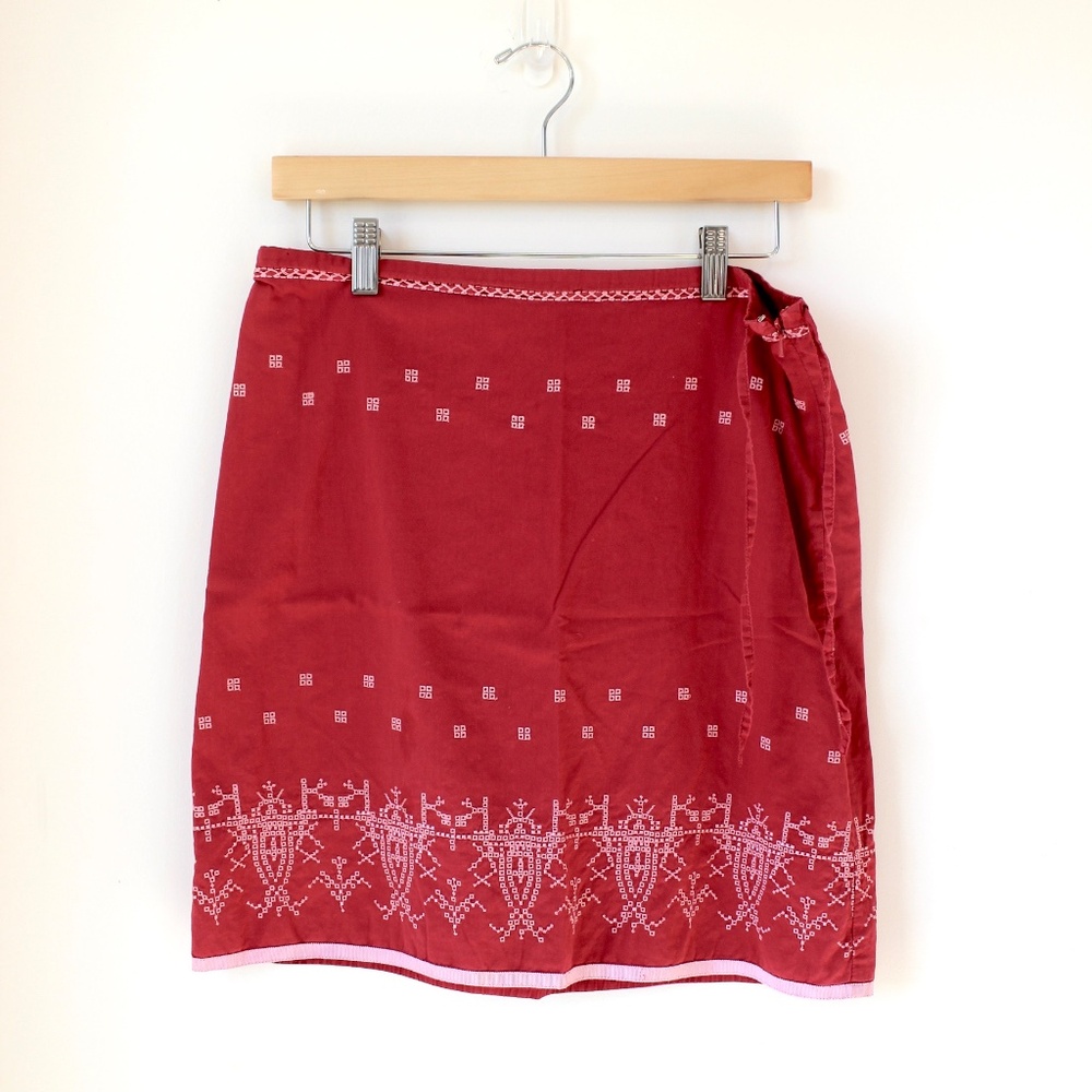 American Eagle Outfitters Red Embroidered Midi Wrap Skirt